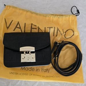 Valentino Black Croc-Embossed Crossbody Bag